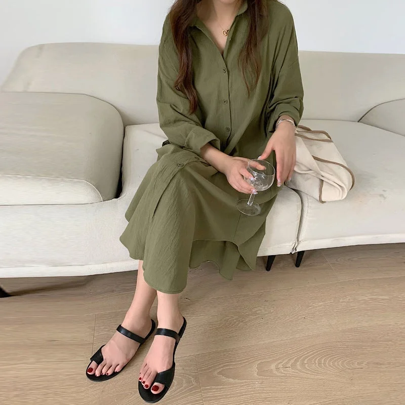Outzidr Green Olive Longline Button Down Shirt Dress for Women | Best Price UAE