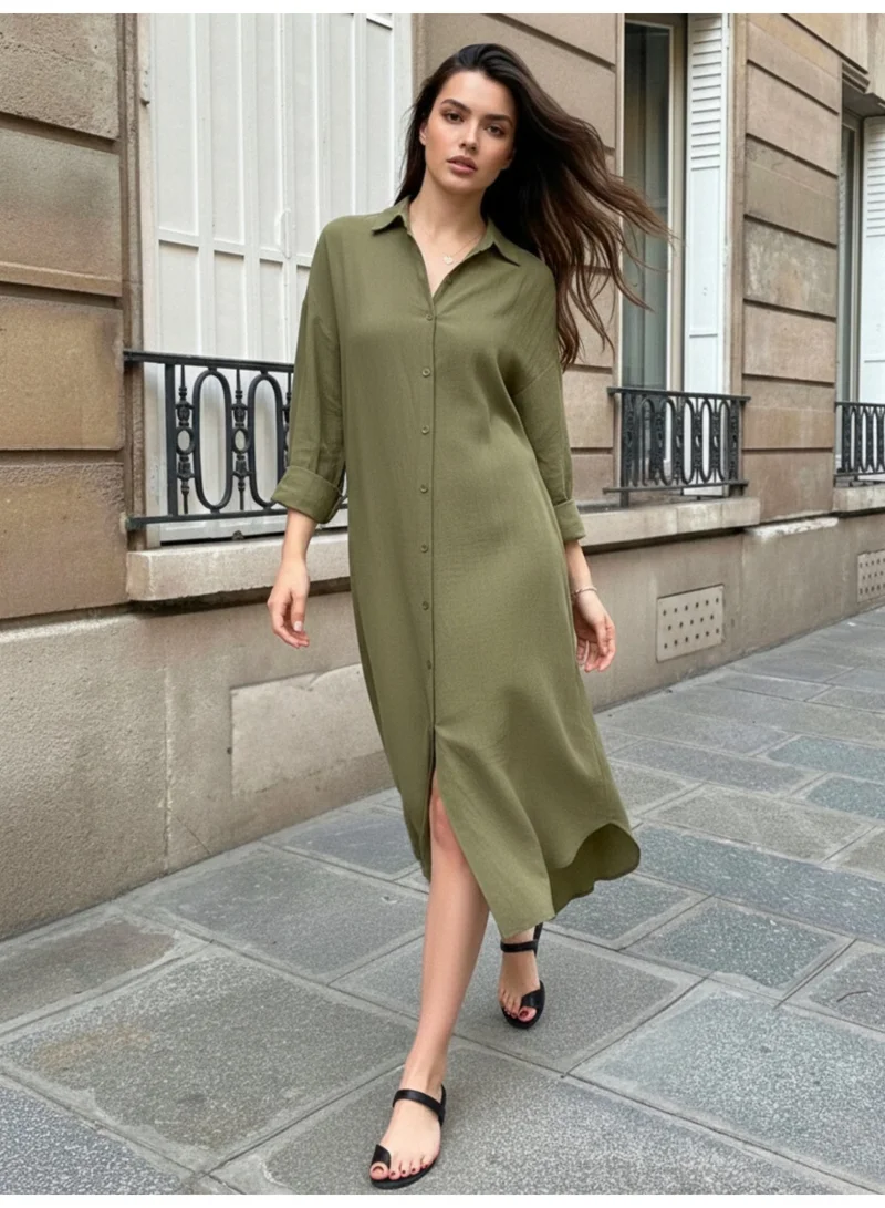 Outzidr Green Olive Longline Button Down Shirt Dress for Women | Best Price UAE