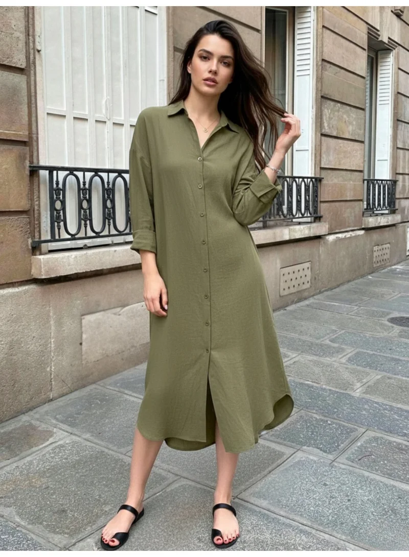 Outzidr Green Olive Longline Button Down Shirt Dress for Women | Best Price UAE