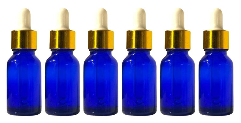 VOW 30 ML Blue Round Empty Glass Bottle Glass Dropper Gold Ring Silicone White Teat Refillable Reusable Leak Proof for Essential Oils PerfumesPack of 6 - Image 1
