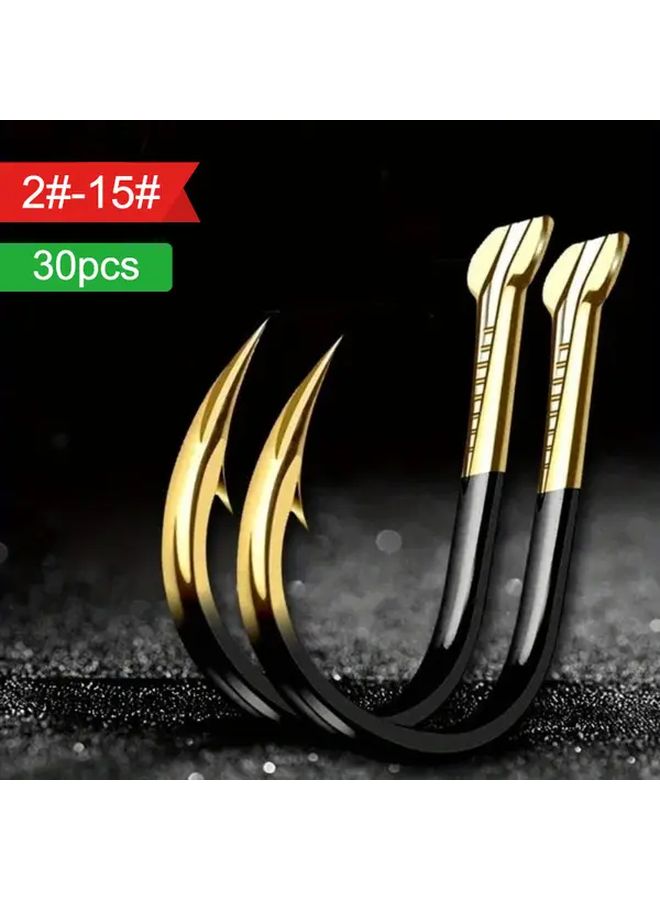 Tungsten Steel Fishing Hooks 30 Pack Black Gold Barbed Dual Blood Groove Size 6 - Image 1