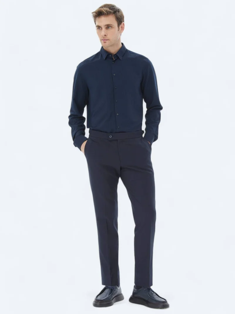 Kip Navy Blue Weaving Regular Fit Casual Trousers