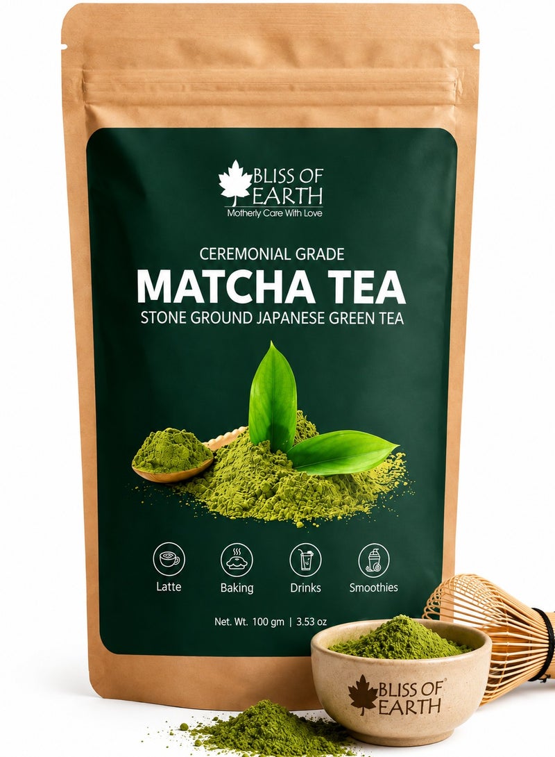 BLISS OF EARTH Japanese Matcha Powder, Premium Stone Ground Japan Ceremonial Grade Matcha Green Tea Antioxidant Rich  Ideal for Baking and Beverages  100gm - Image 1