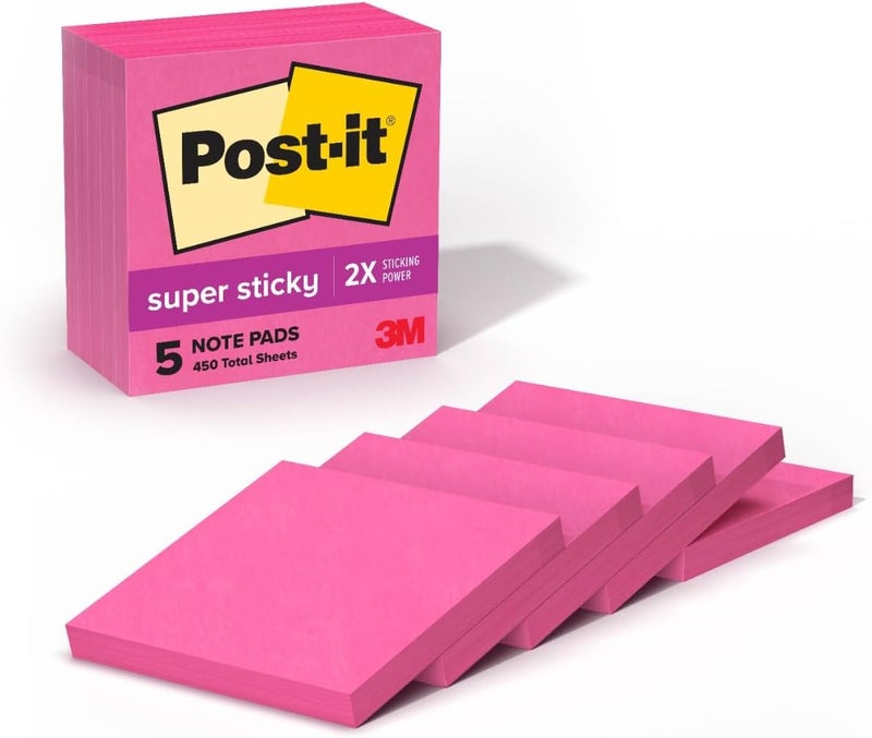 Post It Super Sticky Notes, 5 Sticky Note Pads, 3 x 3 in., School Supplies, Office Products, Sticky Notes for Vertical Surfaces, Monitors, Walls and Windows, Power Pink - Image 1