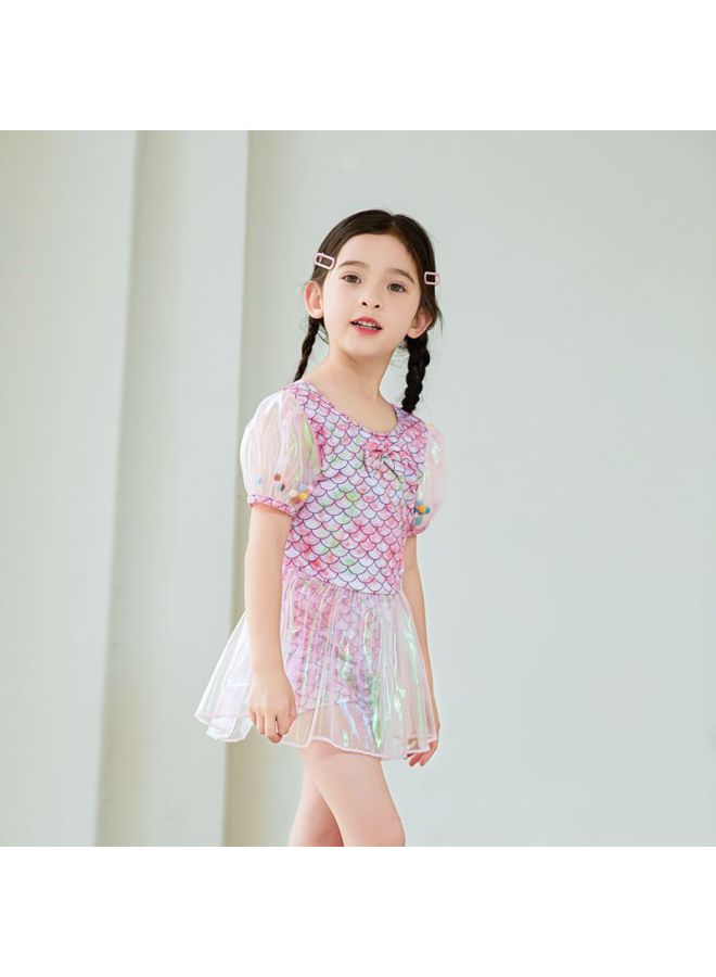 إسكدنيا بدلة سباحة للأطفال برسوم كارتونية على الطراز الكوري للفتيات الصغيرات والمتوسطة الحجم للفتيات الصغيرات قطعة واحدة تنورة حورية البحر للسباحة - اللون: وردي- - Image 2