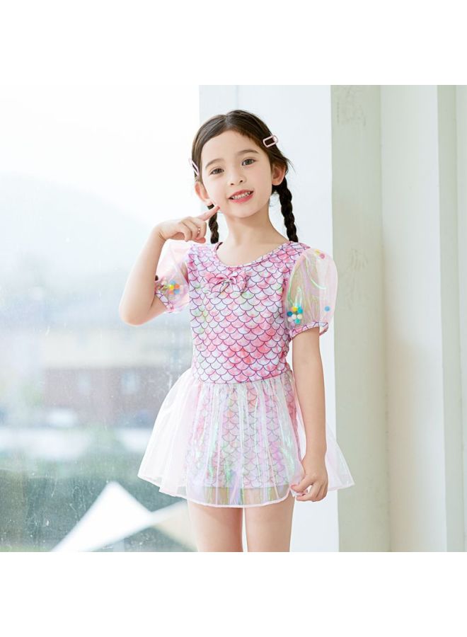 إسكدنيا بدلة سباحة للأطفال برسوم كارتونية على الطراز الكوري للفتيات الصغيرات والمتوسطة الحجم للفتيات الصغيرات قطعة واحدة تنورة حورية البحر للسباحة - اللون: وردي- - Image 1