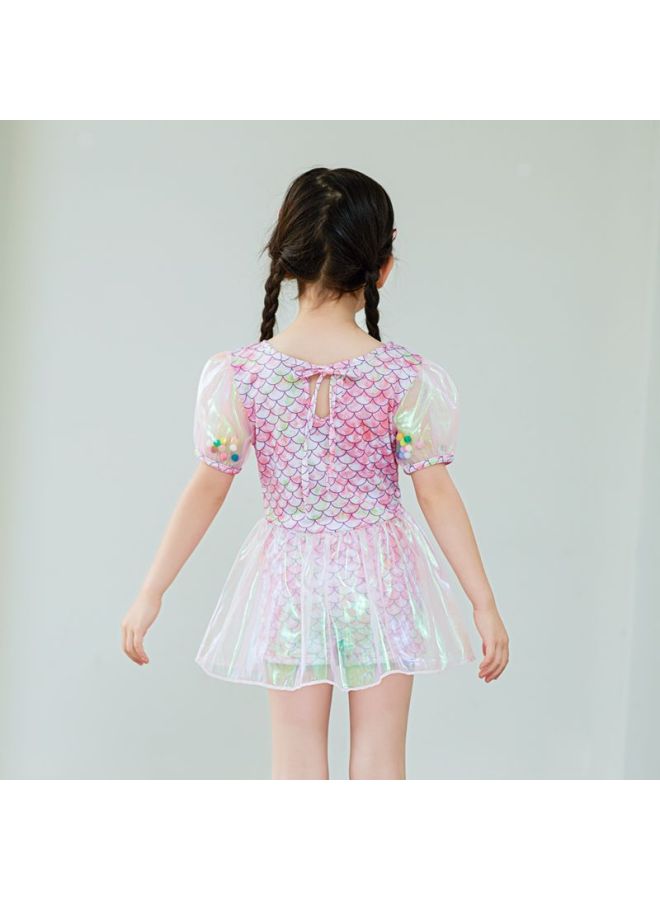 إسكدنيا بدلة سباحة للأطفال برسوم كارتونية على الطراز الكوري للفتيات الصغيرات والمتوسطة الحجم للفتيات الصغيرات قطعة واحدة تنورة حورية البحر للسباحة - اللون: وردي- - Image 3