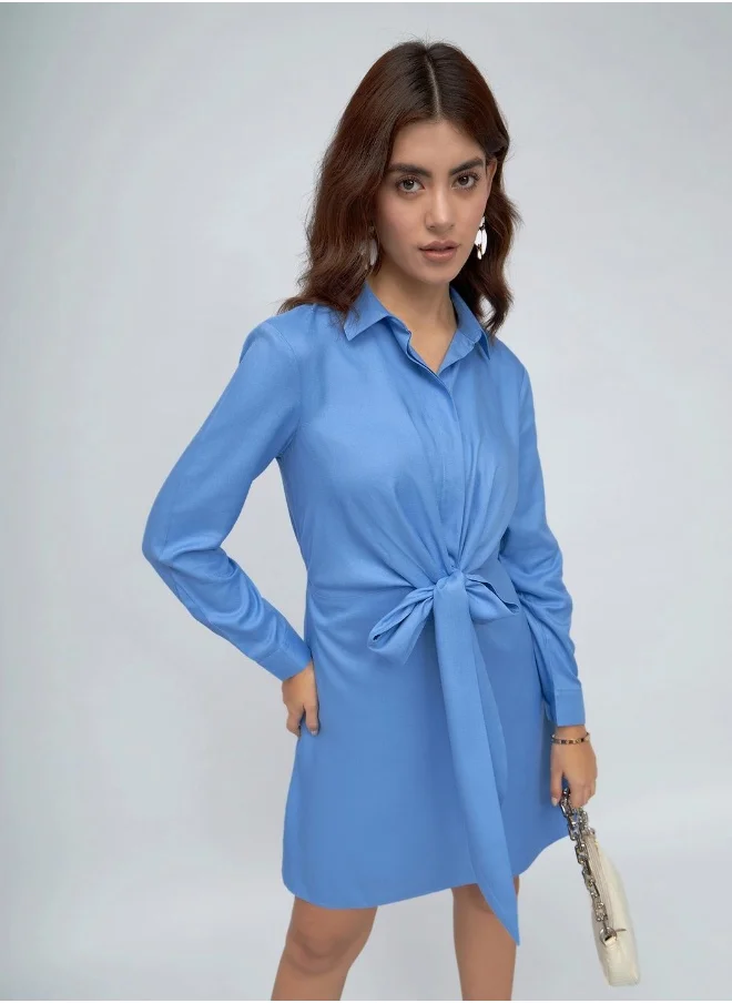 دينيس لينغو Blue Regular Fit Tie-Up Dress for Women - Cotton Viscose Flex, Full Sleeves, Casual