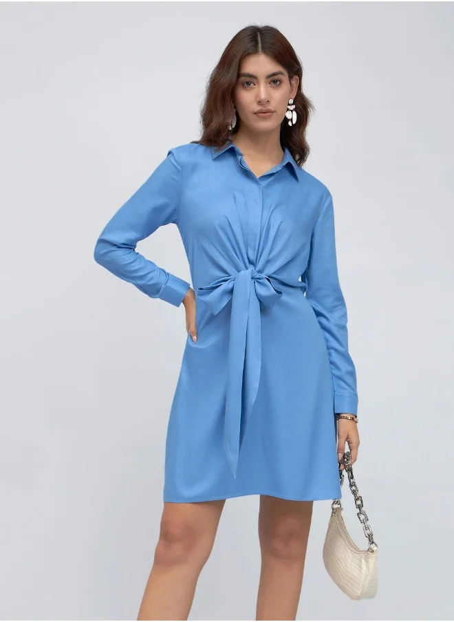 دينيس لينغو Blue Regular Fit Tie-Up Dress for Women - Cotton Viscose Flex, Full Sleeves, Casual