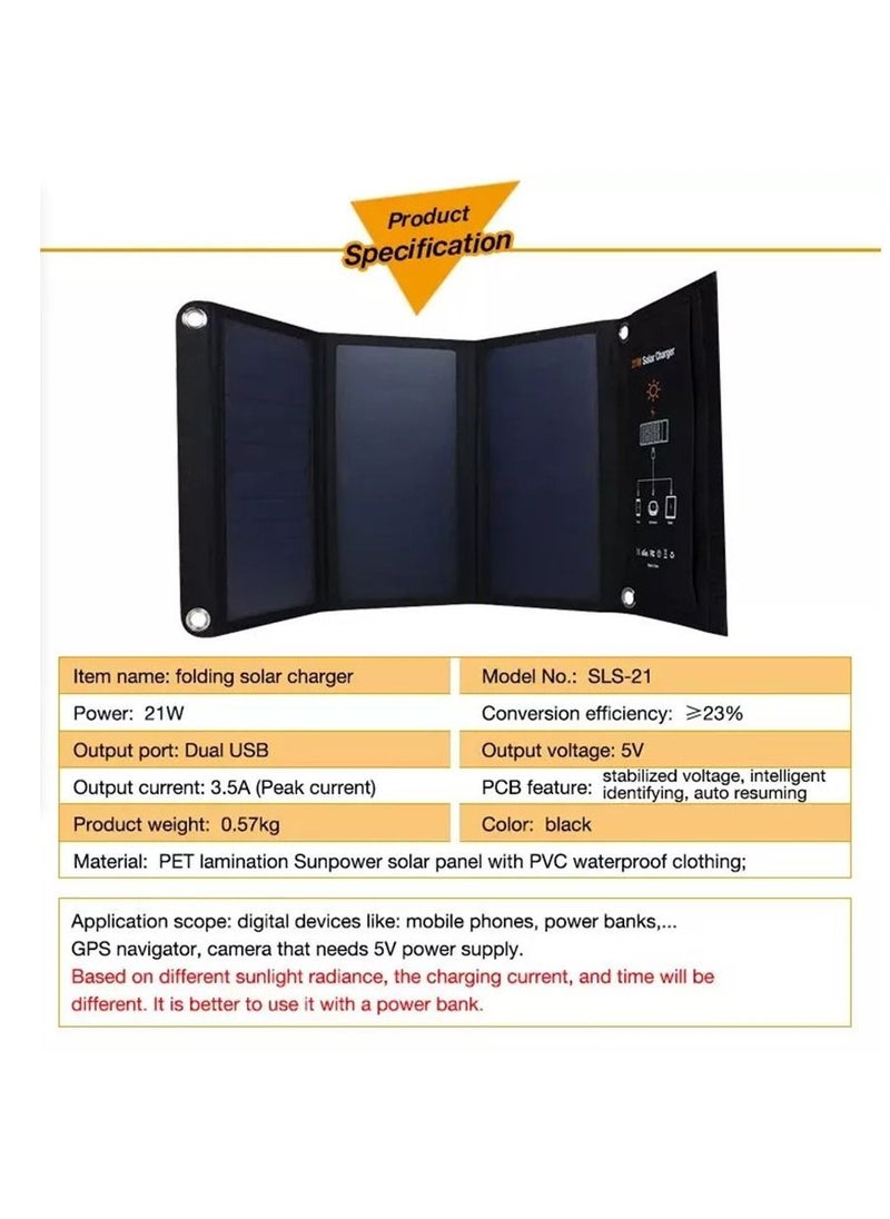 Generic - Portable Solar Charger for Camping - 21W Foldable Solar Panel Charger 2 USB Ports - Waterproof & Durable, Compatible with iPhone, iPad, Galaxy, LG, Nexus, Battery Packs, & All USB Devices - Image 1