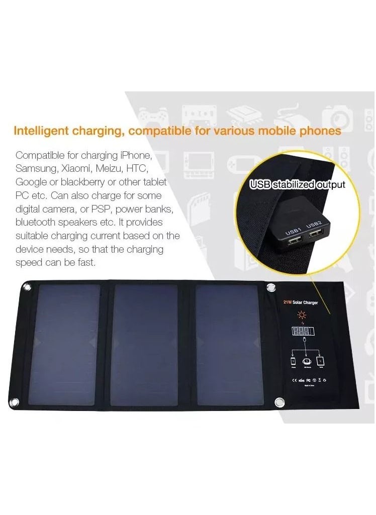Generic - Portable Solar Charger for Camping - 21W Foldable Solar Panel Charger 2 USB Ports - Waterproof & Durable, Compatible with iPhone, iPad, Galaxy, LG, Nexus, Battery Packs, & All USB Devices - Image 1
