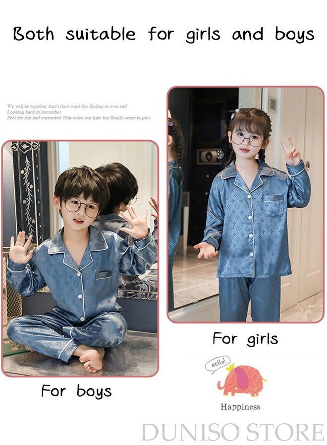 DUNISO 2 PCS kids Soft Pajamas Set Long Sleeve Silky Sleepwear Loungewear Button-Down Night Suit Home Wear Set for Summer Soft Loose Prints Nightwear for Girls and Boys - Image 5