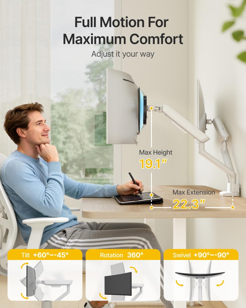 monTEK Dual Monitor Arm, Mechanical Spring Monitor Arm for 17-35" Screens, Adjustable Monitor Desk Mount Each Holds up to 26.4 lbs with C Clamp/Grommet Desk Mount, VESA 75/100mm, MA1011WH-D - Image 5