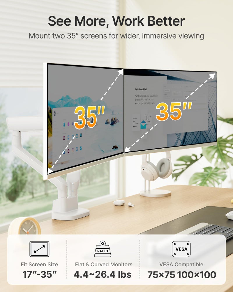 monTEK Dual Monitor Arm, Mechanical Spring Monitor Arm for 17-35" Screens, Adjustable Monitor Desk Mount Each Holds up to 26.4 lbs with C Clamp/Grommet Desk Mount, VESA 75/100mm, MA1011WH-D - Image 2