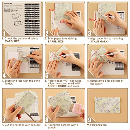 CYFUN Design 2 Pcs/Sets Mini Score Board & Corner Punch for Paper Craft, 6.4x8.5inch Multi-Purpose Scoring Board with Bone Folder for Crafting, Make Envelopes, Box, Cards, Precision Photos, and More - Image 2