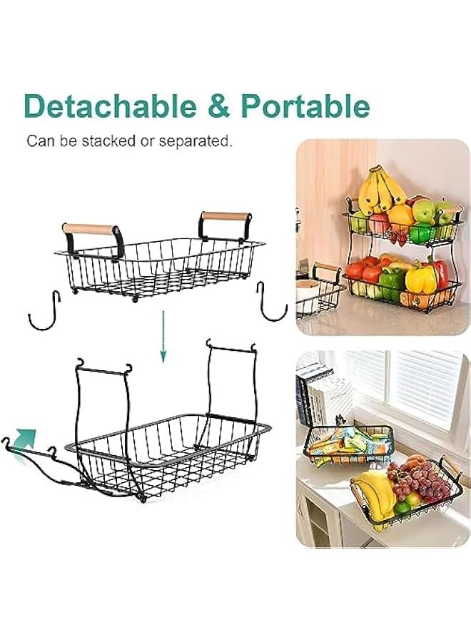 2 Tier Fruit Basket with 2 Banana Hangers, Countertop Fruit Vegetable Basket Bowl for Kitchen Counter Metal Wire Storage Basket Fruits Stand Holder Organizer for Bread Snack Veggies Produce - Image 3