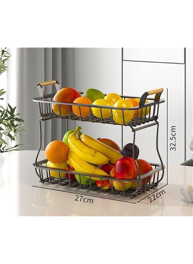 2 Tier Fruit Basket with 2 Banana Hangers, Countertop Fruit Vegetable Basket Bowl for Kitchen Counter Metal Wire Storage Basket Fruits Stand Holder Organizer for Bread Snack Veggies Produce - Image 2