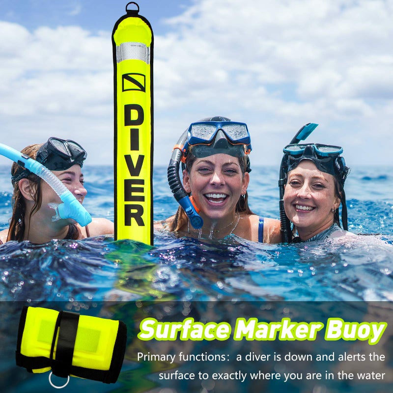 Pluzluce 5ft Scuba Diving Surface Marker Buoy (SMB), Safety Sausage with Plastic 98ft Finger Spool Reel and Double Ended Hook Clip + Emergency Whistle for Underwater Diving (Yellow) - Image 2