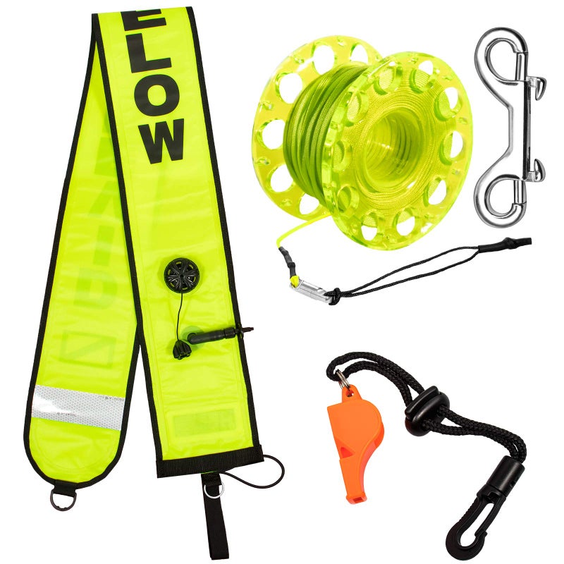 Pluzluce 5ft Scuba Diving Surface Marker Buoy (SMB), Safety Sausage with Plastic 98ft Finger Spool Reel and Double Ended Hook Clip + Emergency Whistle for Underwater Diving (Yellow) - Image 1
