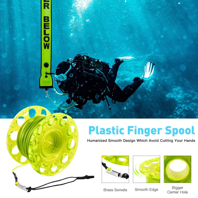 Pluzluce 5ft Scuba Diving Surface Marker Buoy (SMB), Safety Sausage with Plastic 98ft Finger Spool Reel and Double Ended Hook Clip + Emergency Whistle for Underwater Diving (Yellow) - Image 3