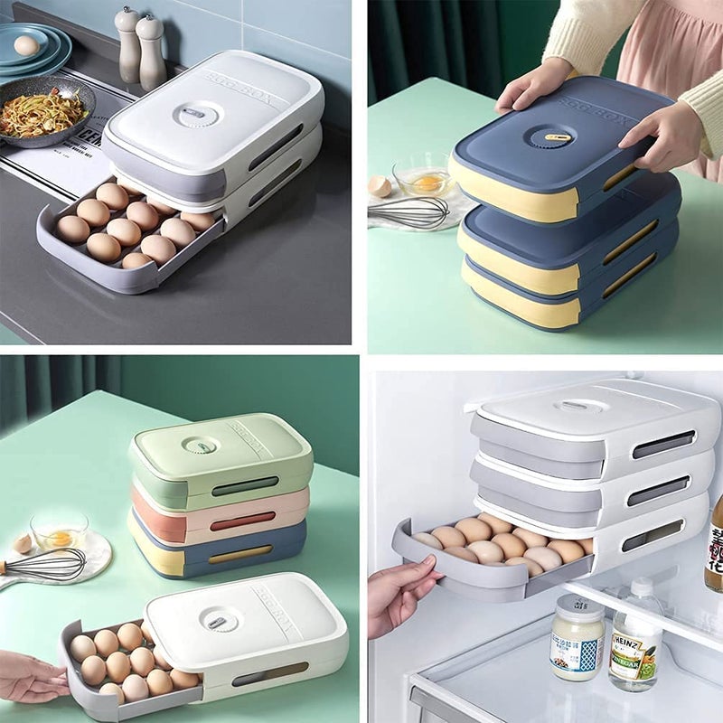 Whitecloud TRANSFORMING HOMES Whitecloud TRANSFORMING HOMES Egg Holder For Refrigerator Pull Out Bins 18 Eggs Drawer Stackable Auto Scrolling Vintage Egg Storage Container Camping with Lid Multicolor B12 Pack Of 2  - Image 5