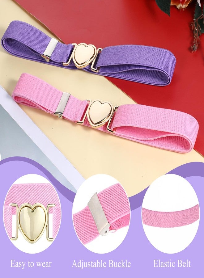Apausvcm 2Pcs Girls Belt, Elastic Waist Belts for Girls Boys Adjustable Heart Buckle Stretch Belts for Pants Jeans Dress (Pink and Purple) - Image 3