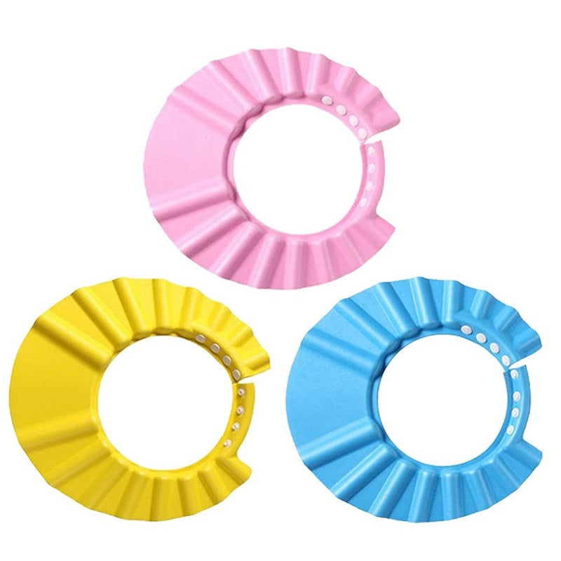 Aloces 3 Pieces Baby Shower Cap, Adjustable Soft Shower Hat for Kids Safe Shampoo Shower Bathing Protection Bath Cap Baby Hair Washing Aids (Pink, Blue, Yellow) - Image 1