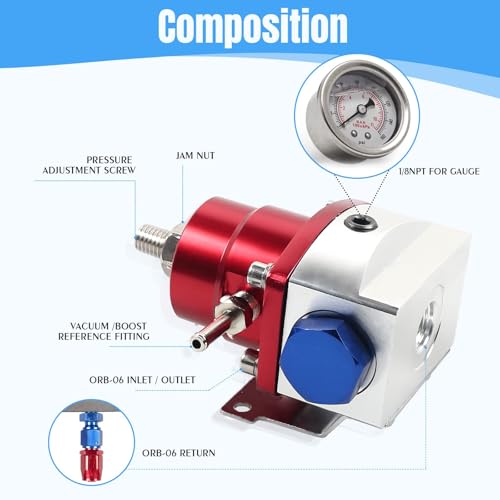 YESHMA EFI Fuel Pressure Regulator Kit 0-100psi with Gauge 6AN Fuel Line Fitting Universal Adjustable Aluminum (Blue+Red) - Image 2