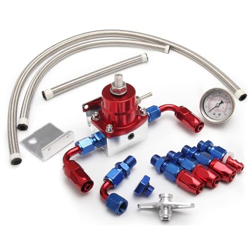 YESHMA EFI Fuel Pressure Regulator Kit 0-100psi with Gauge 6AN Fuel Line Fitting Universal Adjustable Aluminum (Blue+Red) - Image 1