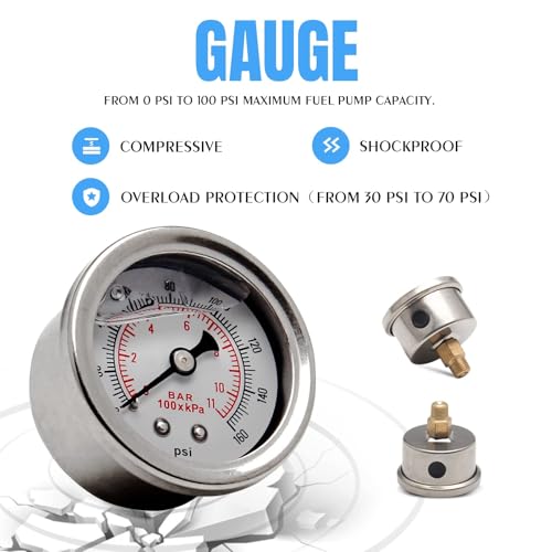 YESHMA EFI Fuel Pressure Regulator Kit 0-100psi with Gauge 6AN Fuel Line Fitting Universal Adjustable Aluminum (Blue+Red) - Image 3
