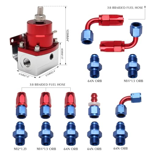 YESHMA EFI Fuel Pressure Regulator Kit 0-100psi with Gauge 6AN Fuel Line Fitting Universal Adjustable Aluminum (Blue+Red) - Image 5