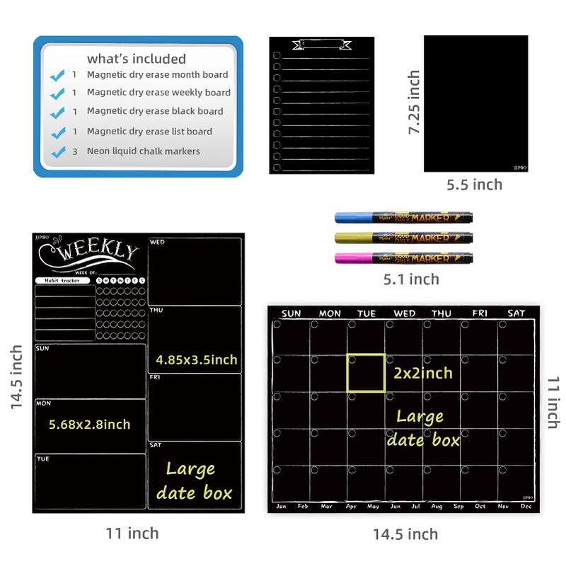 JJPRO Magnetic Chalkboard Monthly Calendar - Weekly Planner Blackboard Combo Set w/Neon Bright Liquid Chalk Markers - Bonus Grocery List and Notepad Blackboard for Refrigerator Included - Image 2