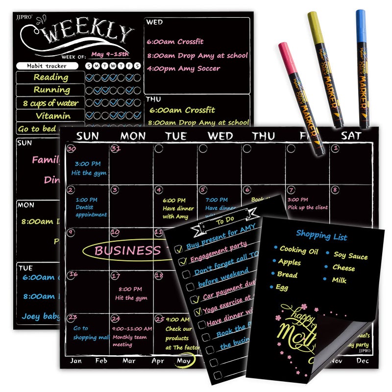 JJPRO Magnetic Chalkboard Monthly Calendar - Weekly Planner Blackboard Combo Set w/Neon Bright Liquid Chalk Markers - Bonus Grocery List and Notepad Blackboard for Refrigerator Included - Image 1