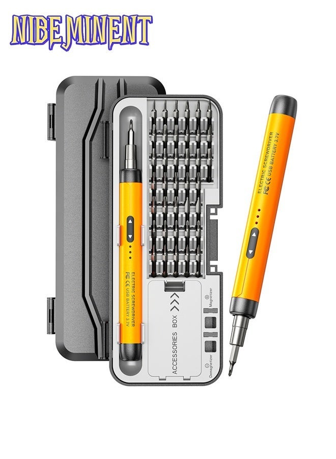NIBEMINENT 46 in 1 Mini Electric Screwdriver Set with 38 Magnetic Precision Bits, USB Powered Rechargeable Lithium Battery, Portable Tool Kit for Home Use, Precision Repair Tool Kit for Phone, Laptop, Camera, Watch, Computer（Orange） - Image 1