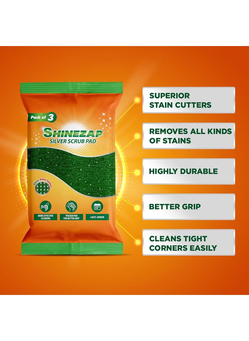 Chakaa chak Shinezap Silver Scrub pad Pack of 3 for Dishwashing Ideal for Fast Clean Long Life and Tough Oily Deep Stain Removal Made with Enhanced Grip Durable  - Image 2