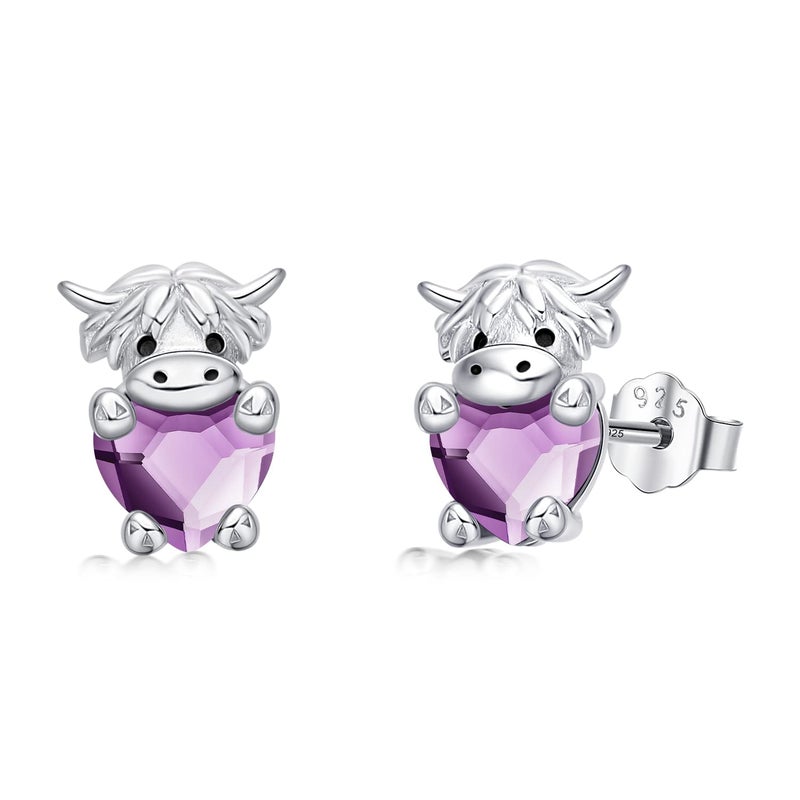 JUSTKIDSTOY Highland Cow Earrings 925 Sterling Silver February Birthstone Earrings Cute Animal Cow Stud Earrings Jewelry Birthday Gifts for Women Daughter Girlfriend - Image 1