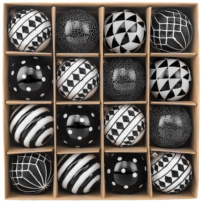 LARGE HALLOWEEN ORNAMENTS TREE DECORATIONS 16CT BLACK WHITE BOHO SHATTERPROOF CHRISTMAS BALL ORNAMENTS SET 315 INCH BOHO MODERN HANGING ORNAMENT BULK FOR XMAS HOLIDAY PARTY DECOR