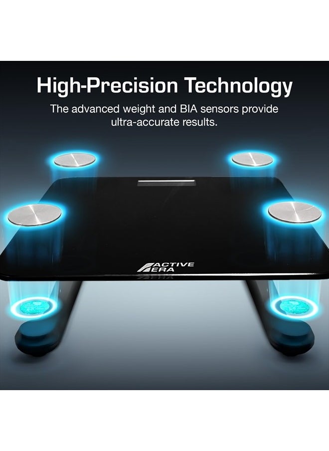 ACTIVE ERA - Digital Bathroom Bluetooth Scales Weight and Body Fat - Fit Track Scale Calculates BMI, Body Fat Percentage, Muscle Mass - Apple Health, Google Fit & Fitbit Compatibility (Black) - Image 1