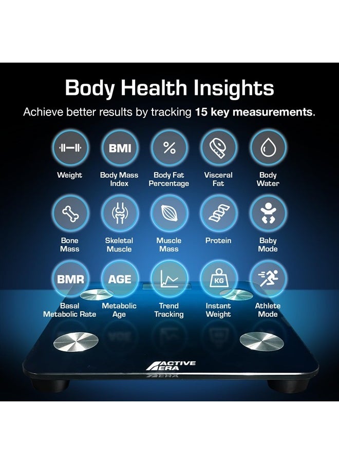 ACTIVE ERA - Digital Bathroom Bluetooth Scales Weight and Body Fat - Fit Track Scale Calculates BMI, Body Fat Percentage, Muscle Mass - Apple Health, Google Fit & Fitbit Compatibility (Black) - Image 1