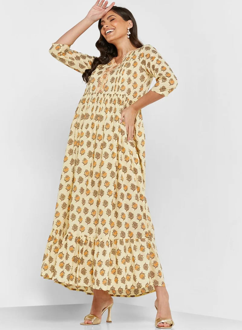 ARABIAN CLOSET V-Neck Embroidered Jalabiya