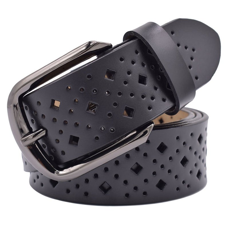 VONSELY Hollow Leather Belts for Women, Soft Leather Womens Belts with Pin Buckle (1.5" Wide Black) - Image 1