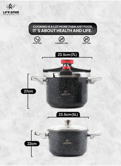 Life Smile LIFE SMILE Pressure Cooker Set 7Liter + 5Liter Indcution Granite Coated  Easy Open 18/10 Stainless Steel with Glass Lid and Extra Silicone - Suitable for all kinds of Stoves (Black)  - Image 3