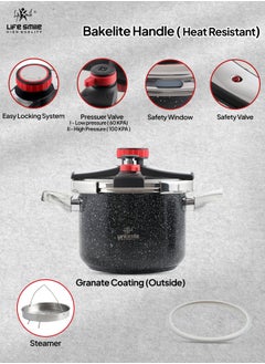 Life Smile LIFE SMILE Pressure Cooker Set 7Liter + 5Liter Indcution Granite Coated  Easy Open 18/10 Stainless Steel with Glass Lid and Extra Silicone - Suitable for all kinds of Stoves (Black)  - Image 5