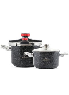 Life Smile LIFE SMILE Pressure Cooker Set 7Liter + 5Liter Indcution Granite Coated  Easy Open 18/10 Stainless Steel with Glass Lid and Extra Silicone - Suitable for all kinds of Stoves (Black)  - Image 1