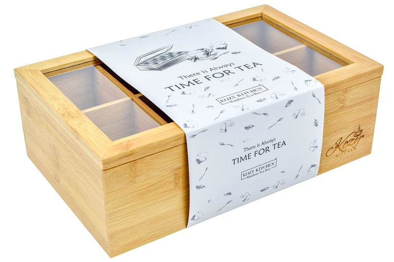 Kozy Kitchen Tea Box Storage Organizer| Large 8-Storage Compartments and Clear Shatterproof Hinged Lid Tea Chest|Enhanced Organic Bamboo|Wooden Finish Tea Bag Organizer - Image 1