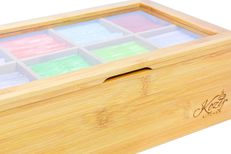 Kozy Kitchen Tea Box Storage Organizer| Large 8-Storage Compartments and Clear Shatterproof Hinged Lid Tea Chest|Enhanced Organic Bamboo|Wooden Finish Tea Bag Organizer - Image 5