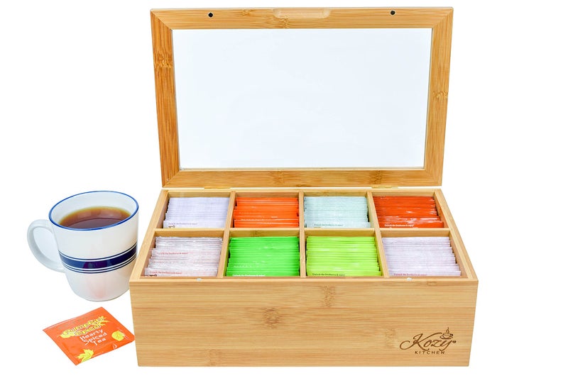 Kozy Kitchen Tea Box Storage Organizer| Large 8-Storage Compartments and Clear Shatterproof Hinged Lid Tea Chest|Enhanced Organic Bamboo|Wooden Finish Tea Bag Organizer - Image 4