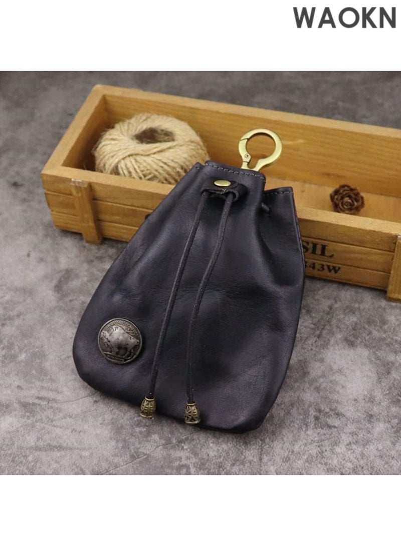 دبليو أيه أو كي أن محفظة نقود من الجلد الأصلي للرجال والنساء - محفظة نقود صغيرة على الطراز القديم مزودة بسلسلة مفاتيح وقفل برباط - محفظة سفر صغيرة للنقود والبطاقات والعملات المعدنية - مشبك نقود صغير (أسود) - Image 2