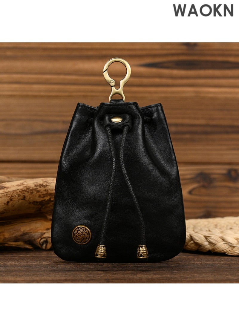 دبليو أيه أو كي أن محفظة نقود من الجلد الأصلي للرجال والنساء - محفظة نقود صغيرة على الطراز القديم مزودة بسلسلة مفاتيح وقفل برباط - محفظة سفر صغيرة للنقود والبطاقات والعملات المعدنية - مشبك نقود صغير (أسود) - Image 1