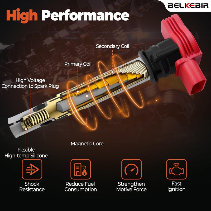 BELKEBIR Set of 4 Ignition Coil Packs & Iridium Spark Plugs Compatible with 2.0L L4 2005-2018 Audi A3 A4 A5 A6 Q3 Q5 TT, 2006-2017 VW CC Eos GTI Golf Jetta Passat Tiguan Replace UF529 & 4464 - Image 4